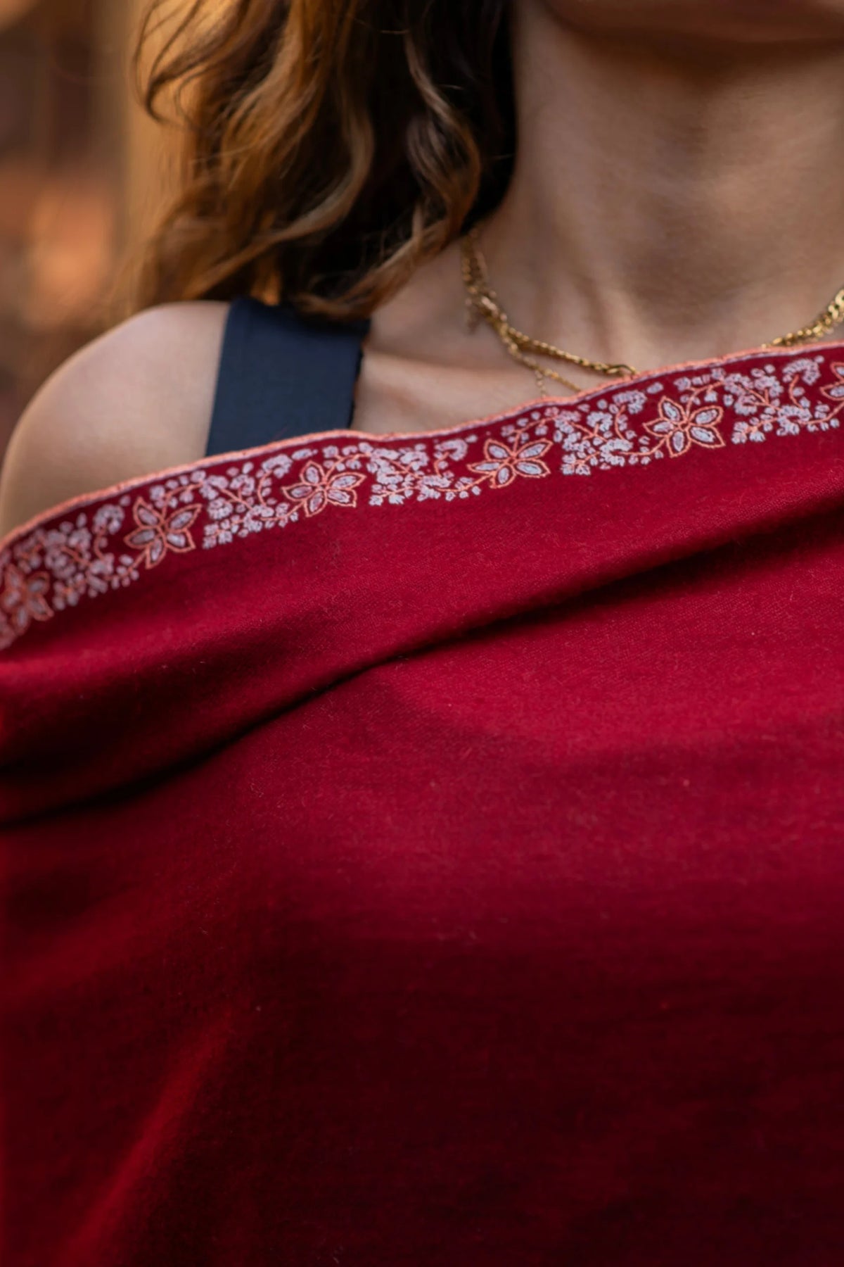 View 2 of Brick Red Wrap with Hand Embroidery on Edges