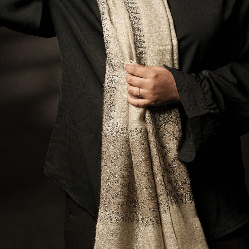 View 7 of Natural Brown with Embroidered Ivory Palla Pashmina Wrap