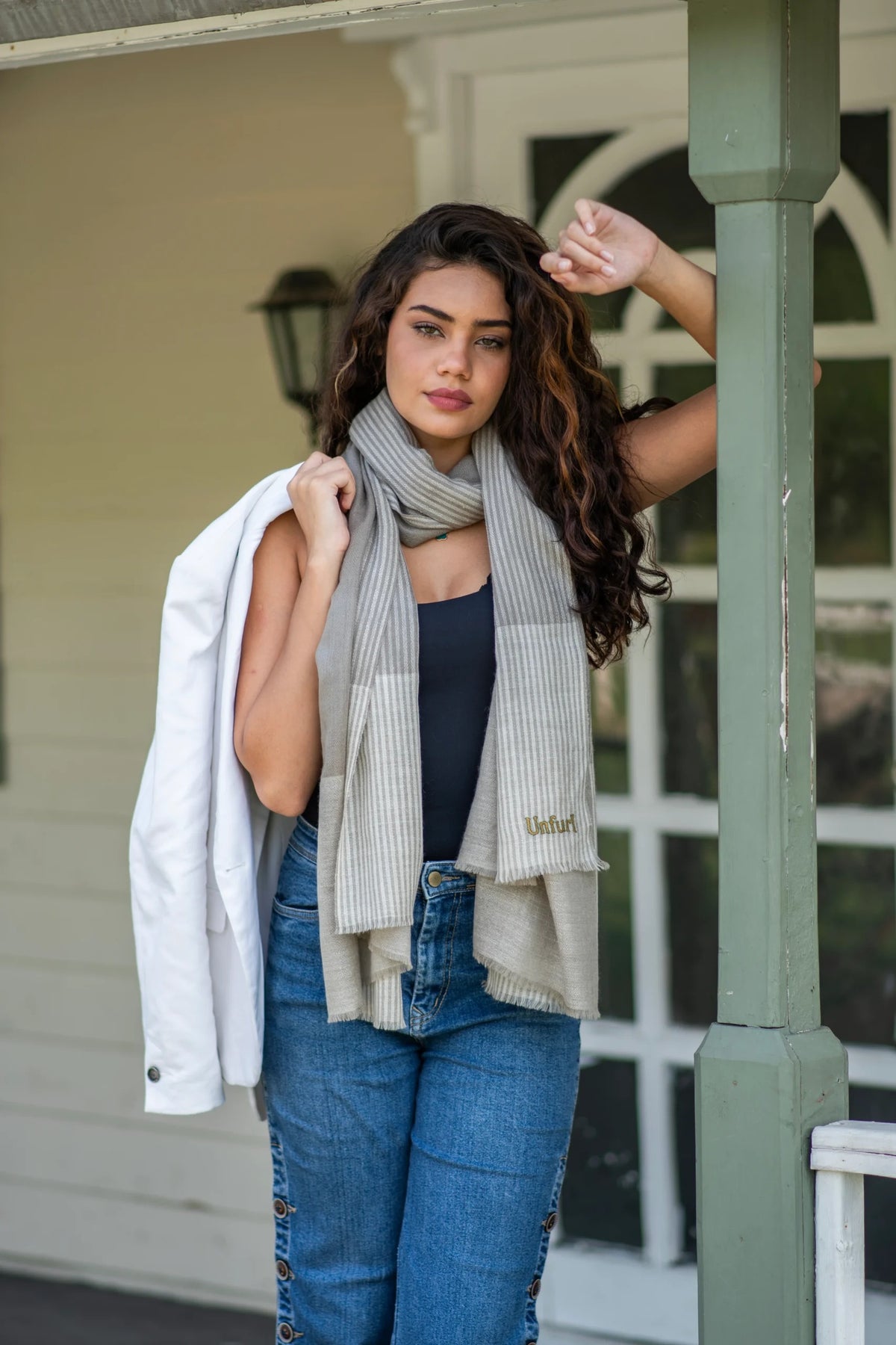 View 1 of Natural Toosh Brown Striped Shawl