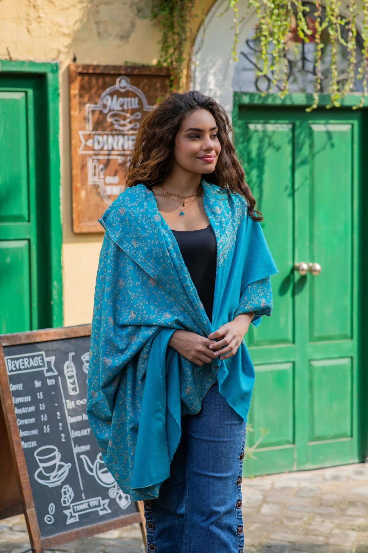 View 3 of Turqoise Serenity Jaal Embroidered Shawl
