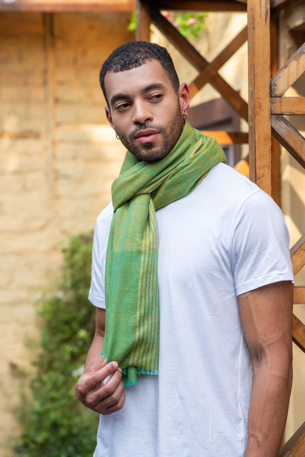 View 2 of Verdant Loom Deep Green Striped Shawl