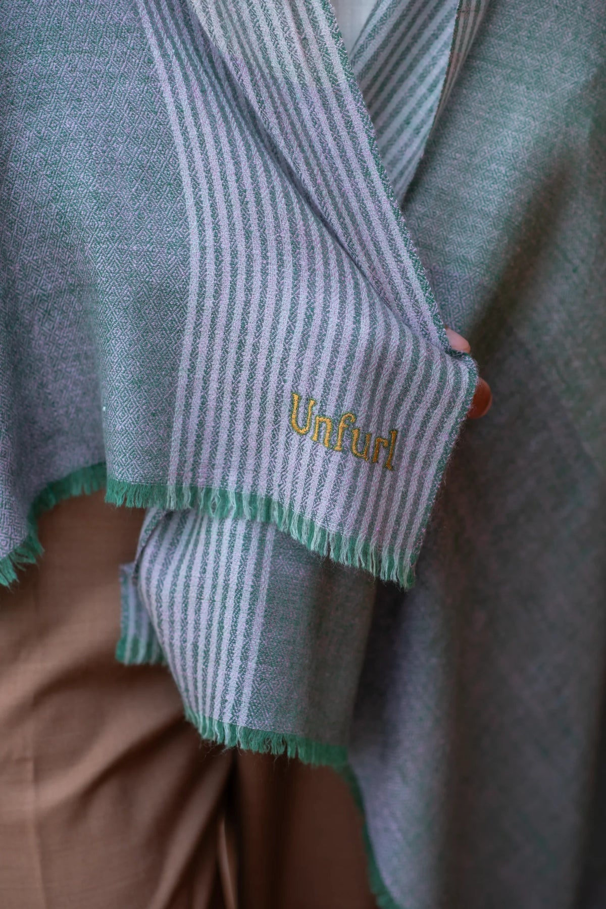 View 2 of Whispered Stripes Muted Grey Green Shawl