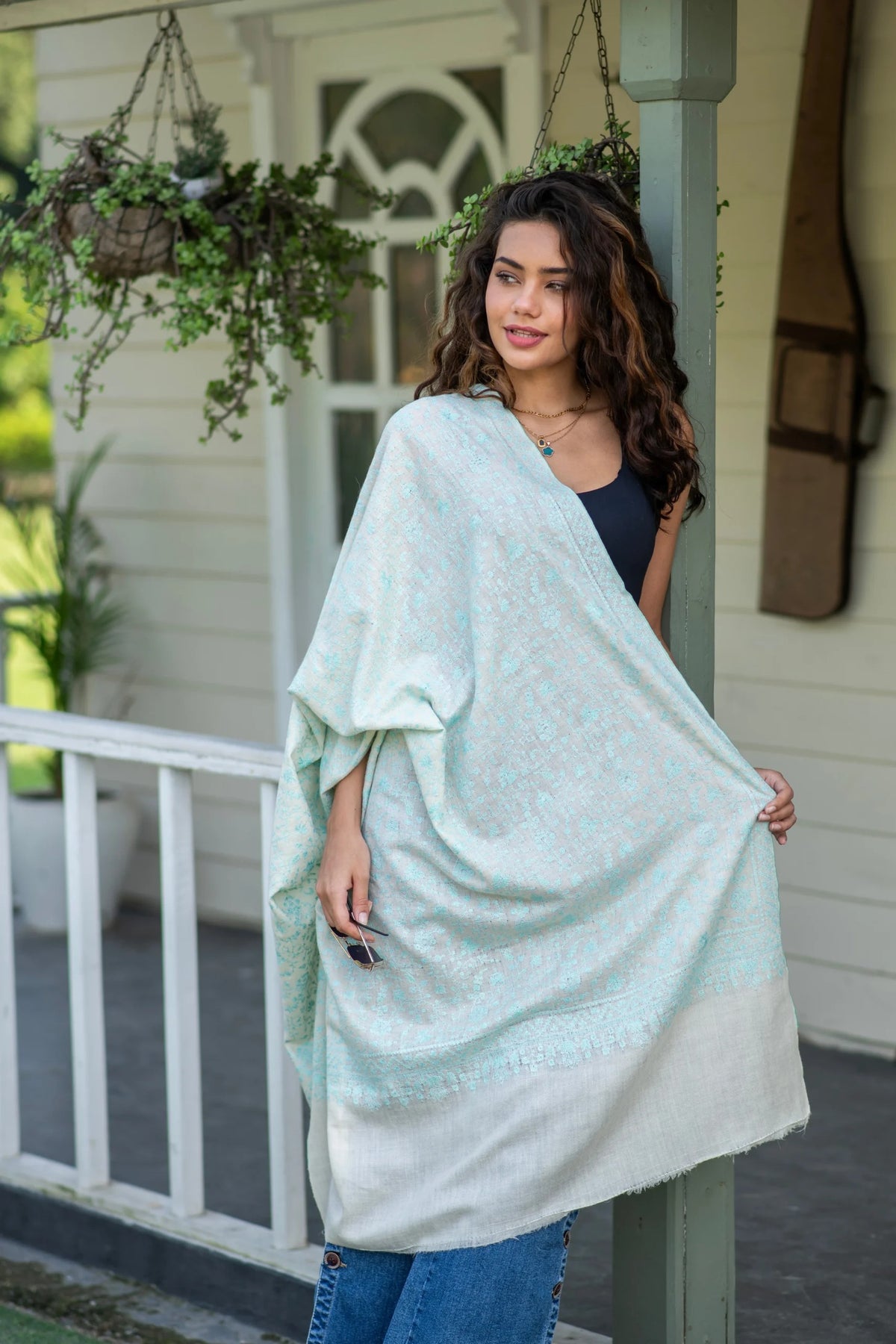 View 3 of Winter Bloom Jaal Shawl with Mint Aqua Embroidery