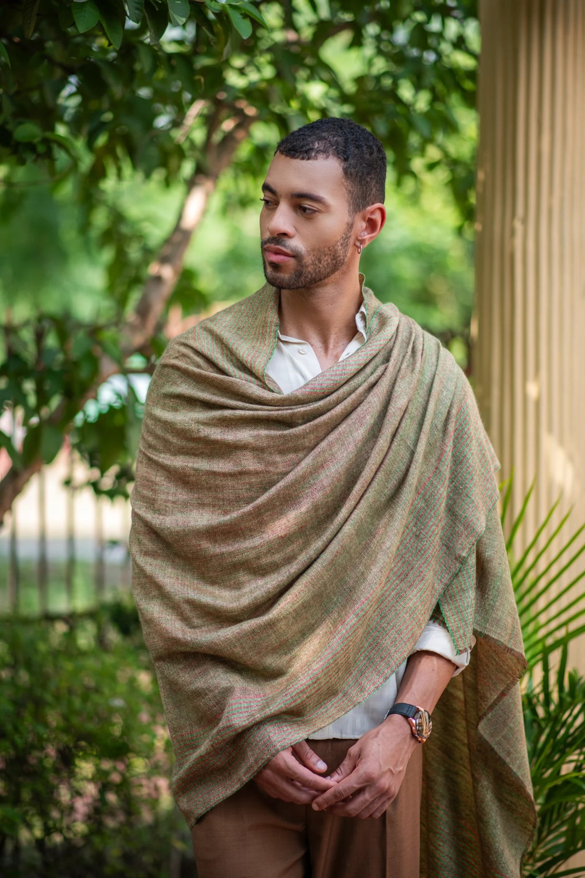 View 1 of Earthen Echo Brown Green-Red Striped Patterened Shawl