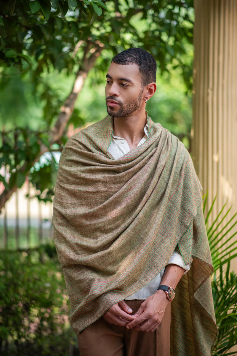 Earthen Echo Brown Green-Red Striped Patterened Shawl