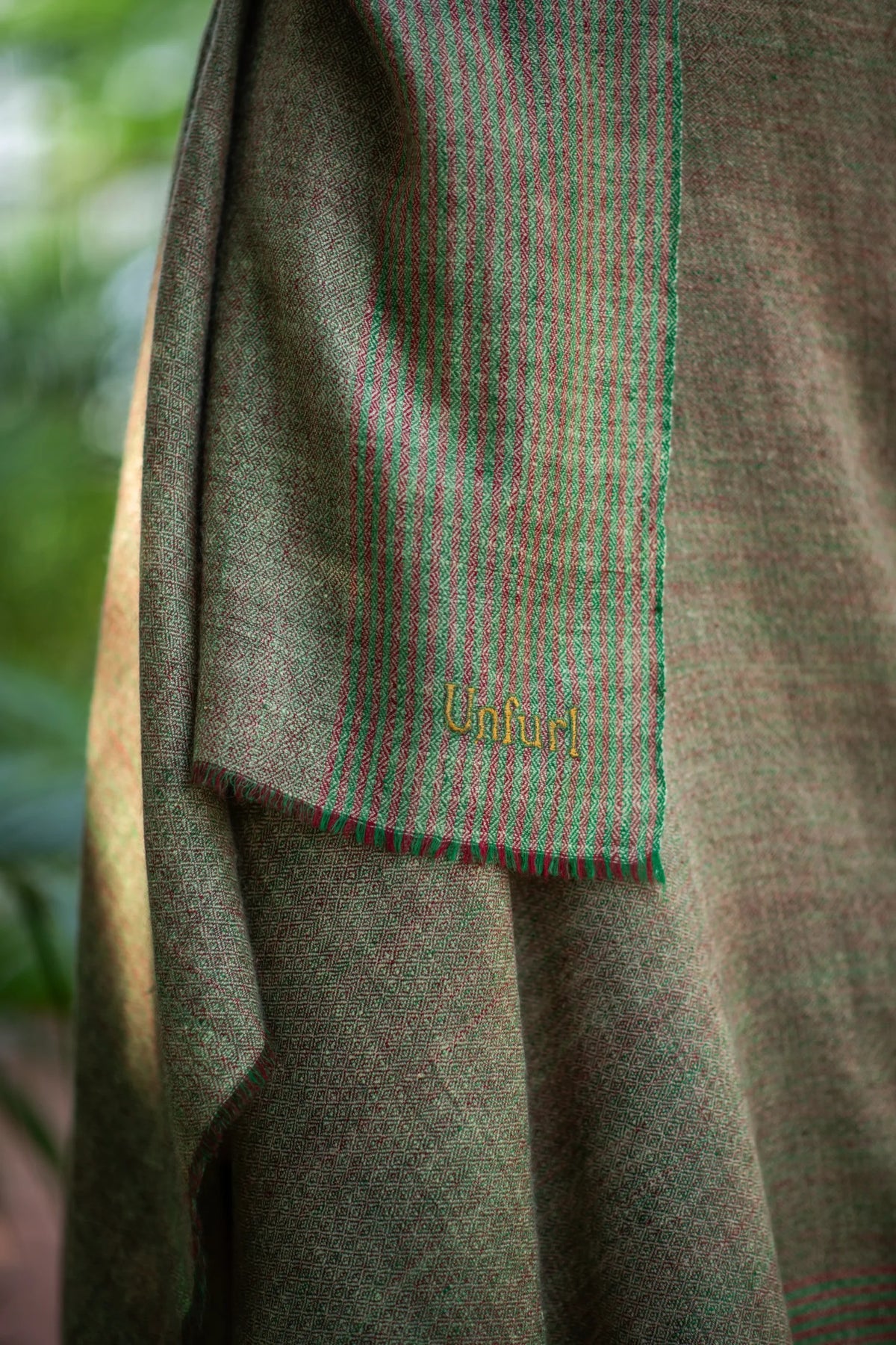 View 2 of Earthen Echo Brown Green-Red Striped Patterened Shawl