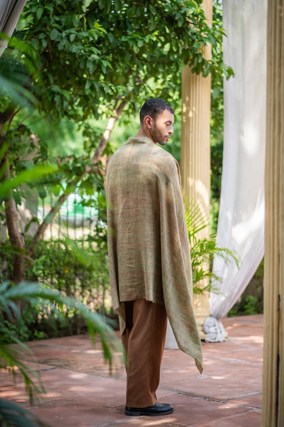 View 3 of Earthen Echo Brown Green-Red Striped Patterened Shawl