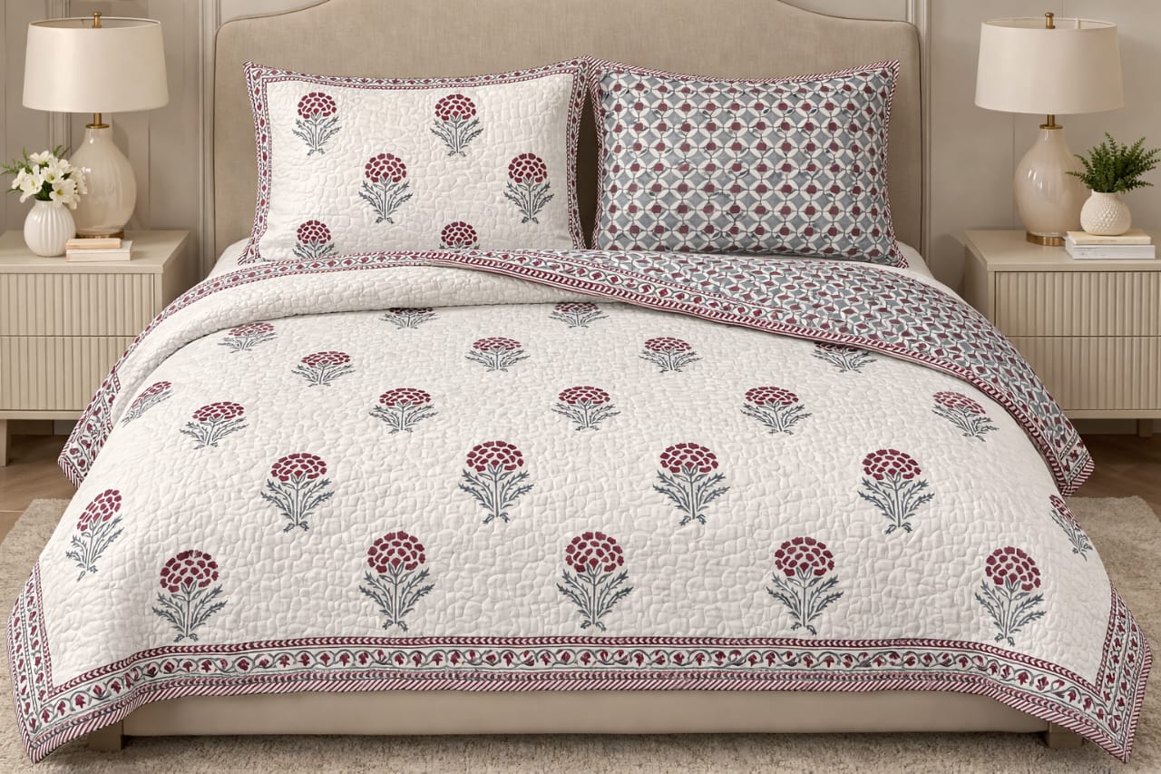 The Symmetrical Poppy Quilted Bed Cover Set