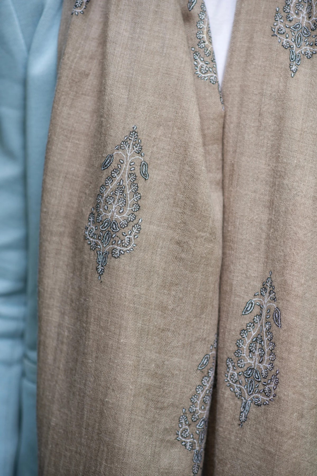 View 2 of Natural Brown with Embroidered Ivory Palla Pashmina Wrap
