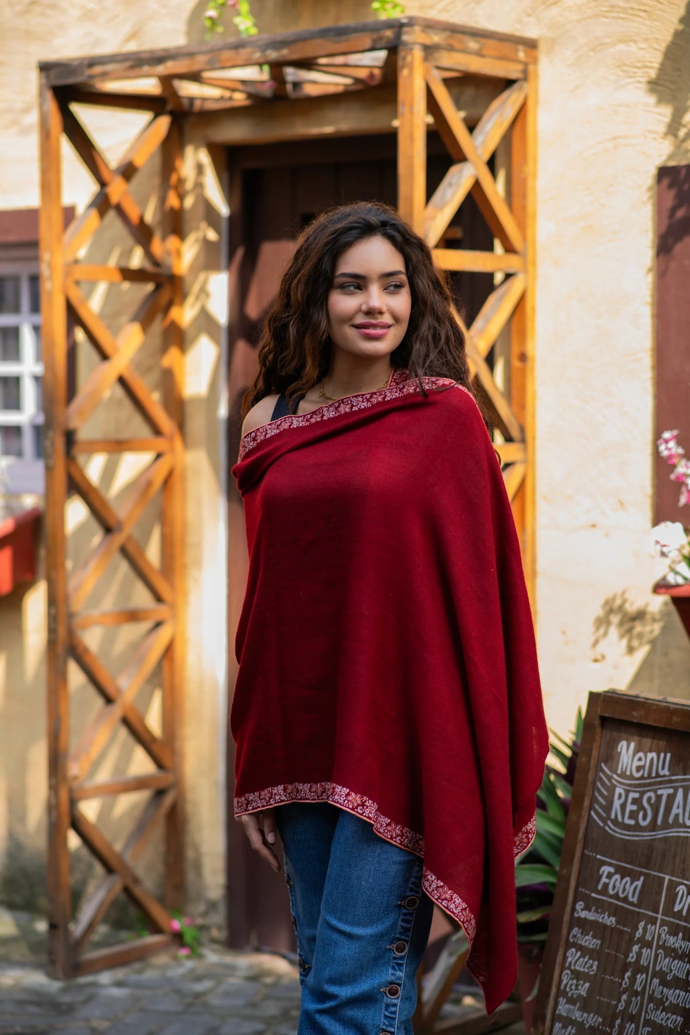 Brick Red Wrap with Hand Embroidery on Edges