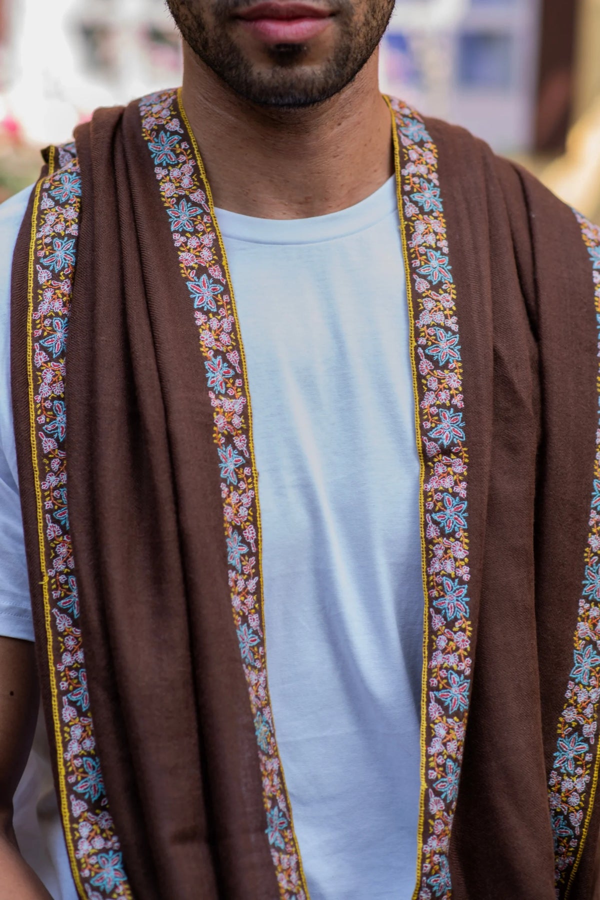 View 2 of Mocha Brown Wrap with Hand Embroidery on Edges
