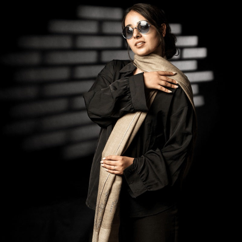 View 6 of Natural Brown with Embroidered Ivory Palla Pashmina Wrap