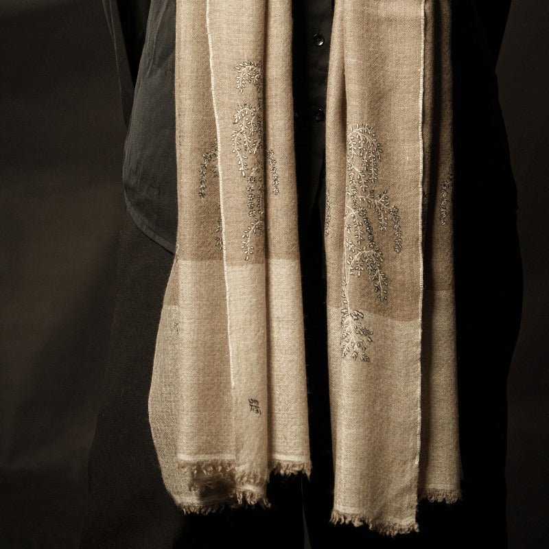View 8 of Natural Brown with Embroidered Ivory Palla Pashmina Wrap