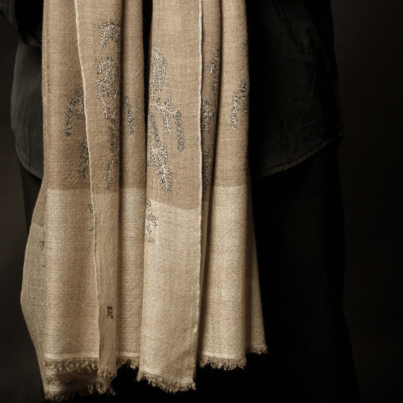View 9 of Natural Brown with Embroidered Ivory Palla Pashmina Wrap