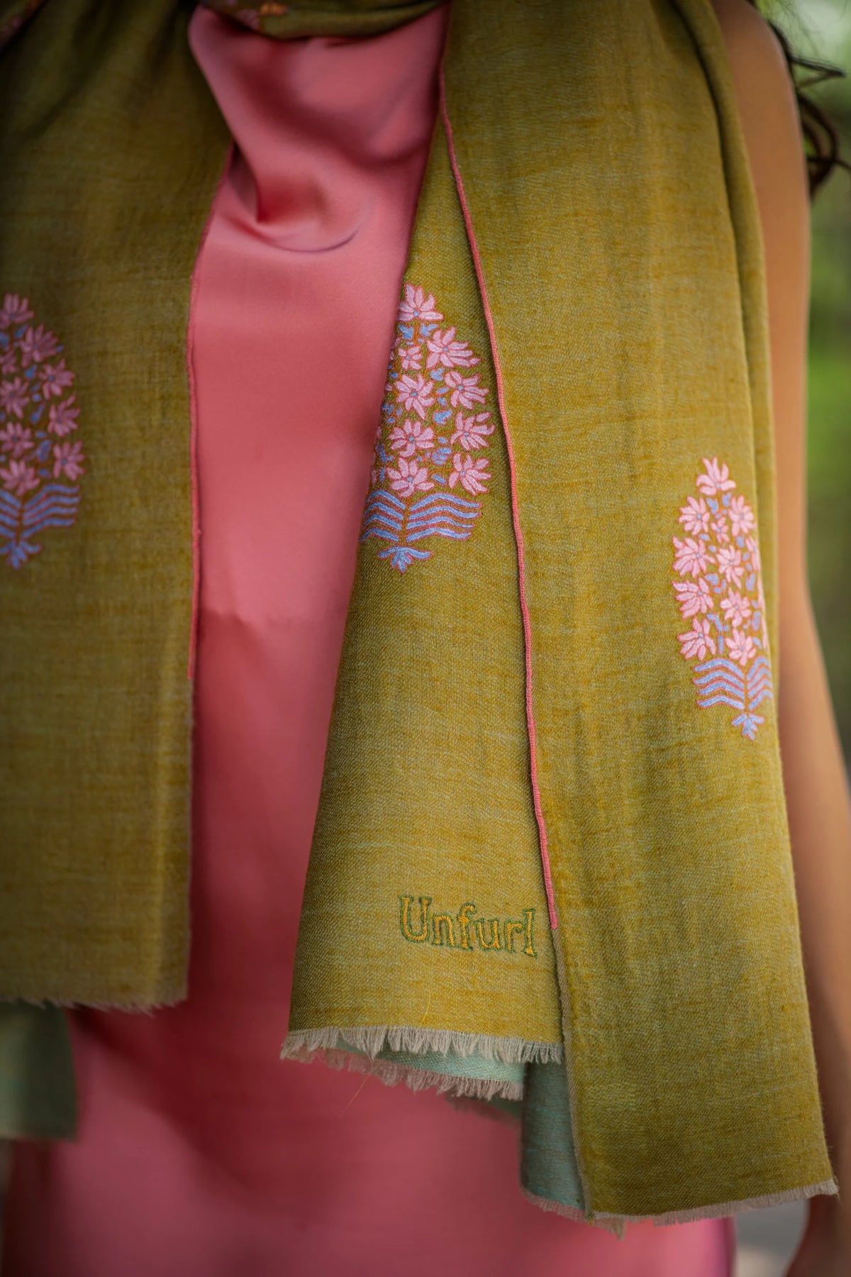 View 2 of Sea Green and Brown Reversible Shawl with Embroidered Motifs