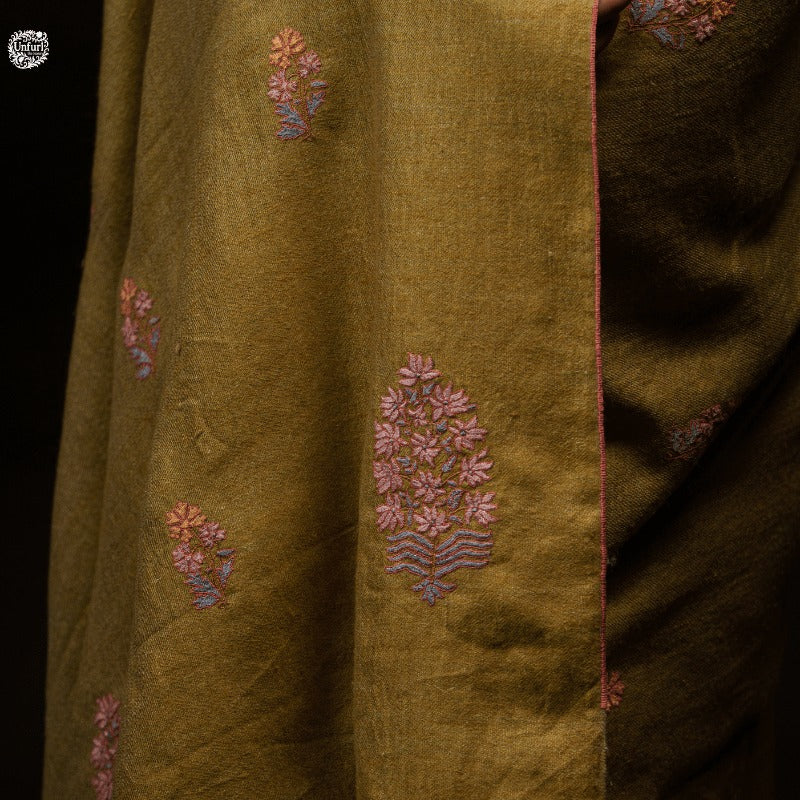 View 6 of Sea Green and Brown Reversible Shawl with Embroidered Motifs