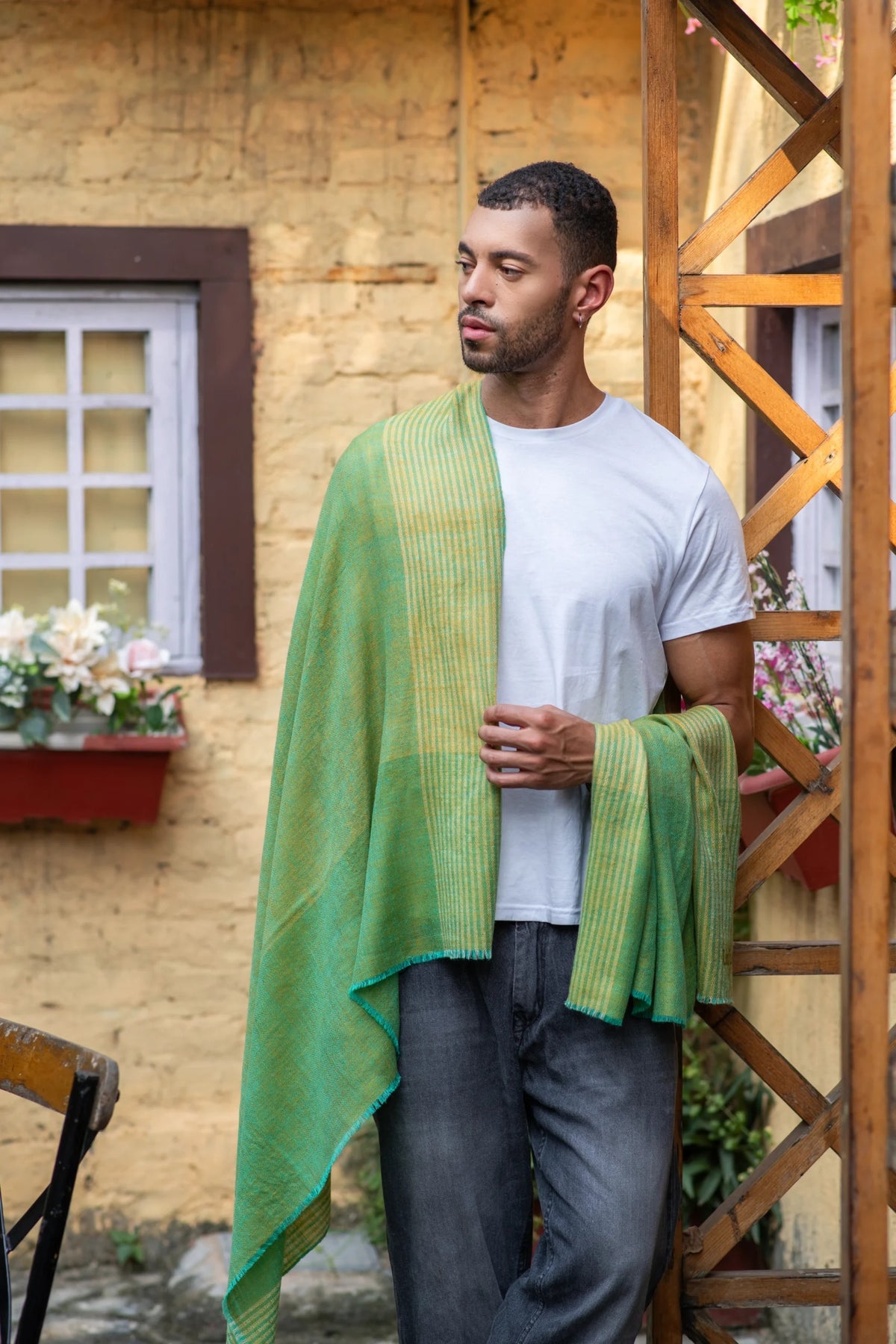 View 3 of Verdant Loom Deep Green Striped Shawl