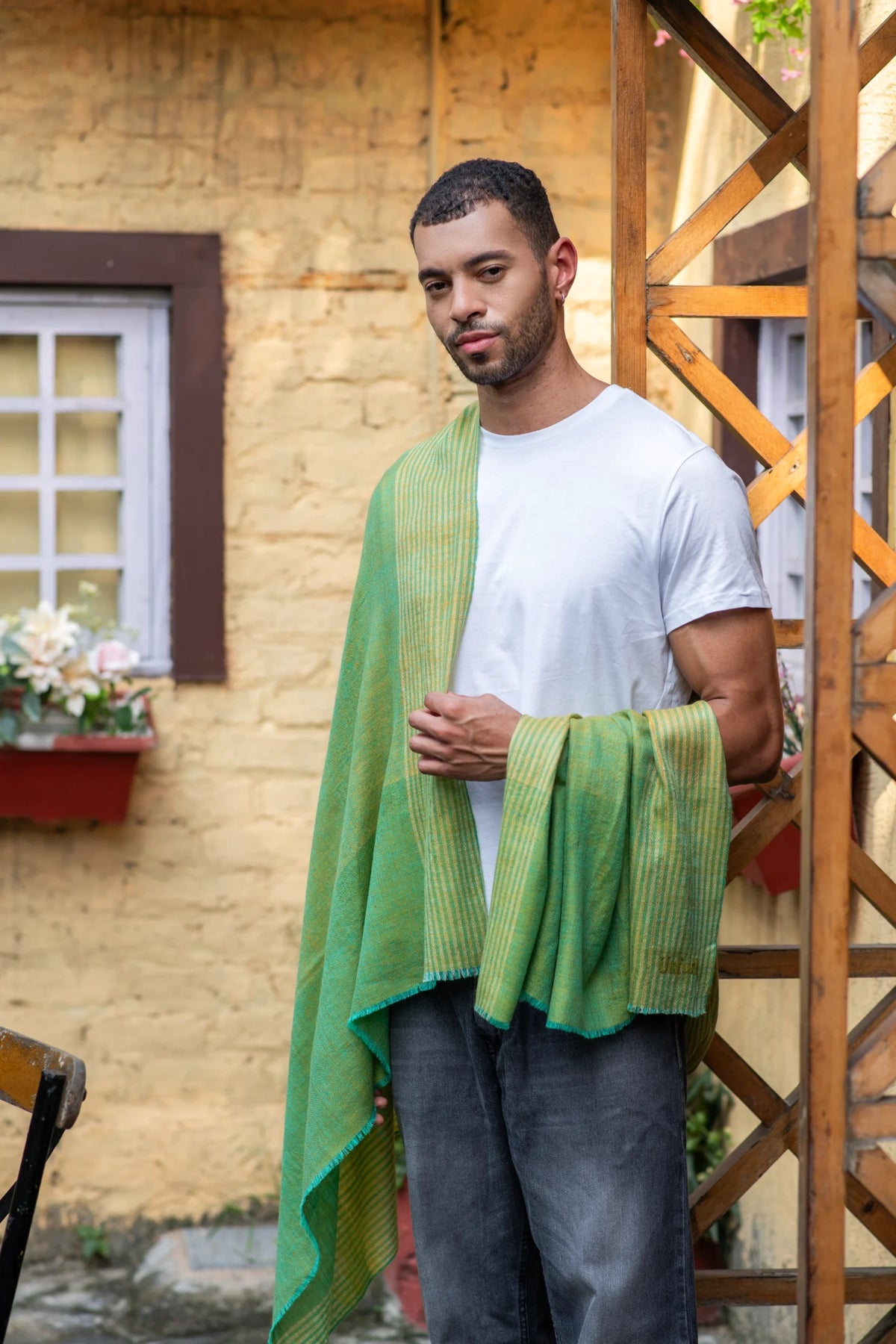 View 4 of Verdant Loom Deep Green Striped Shawl