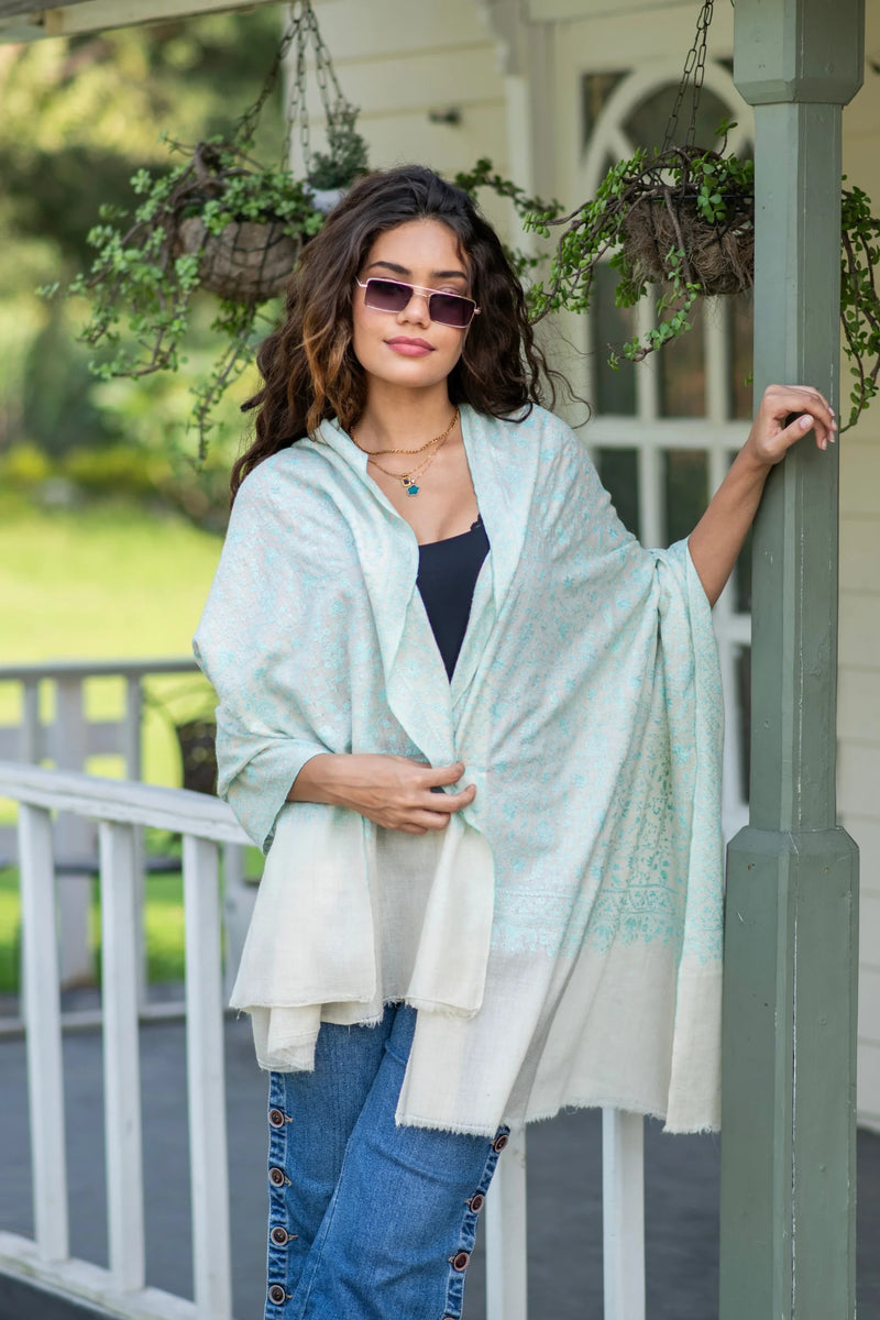 Winter Bloom Jaal Shawl with Mint Aqua Embroidery