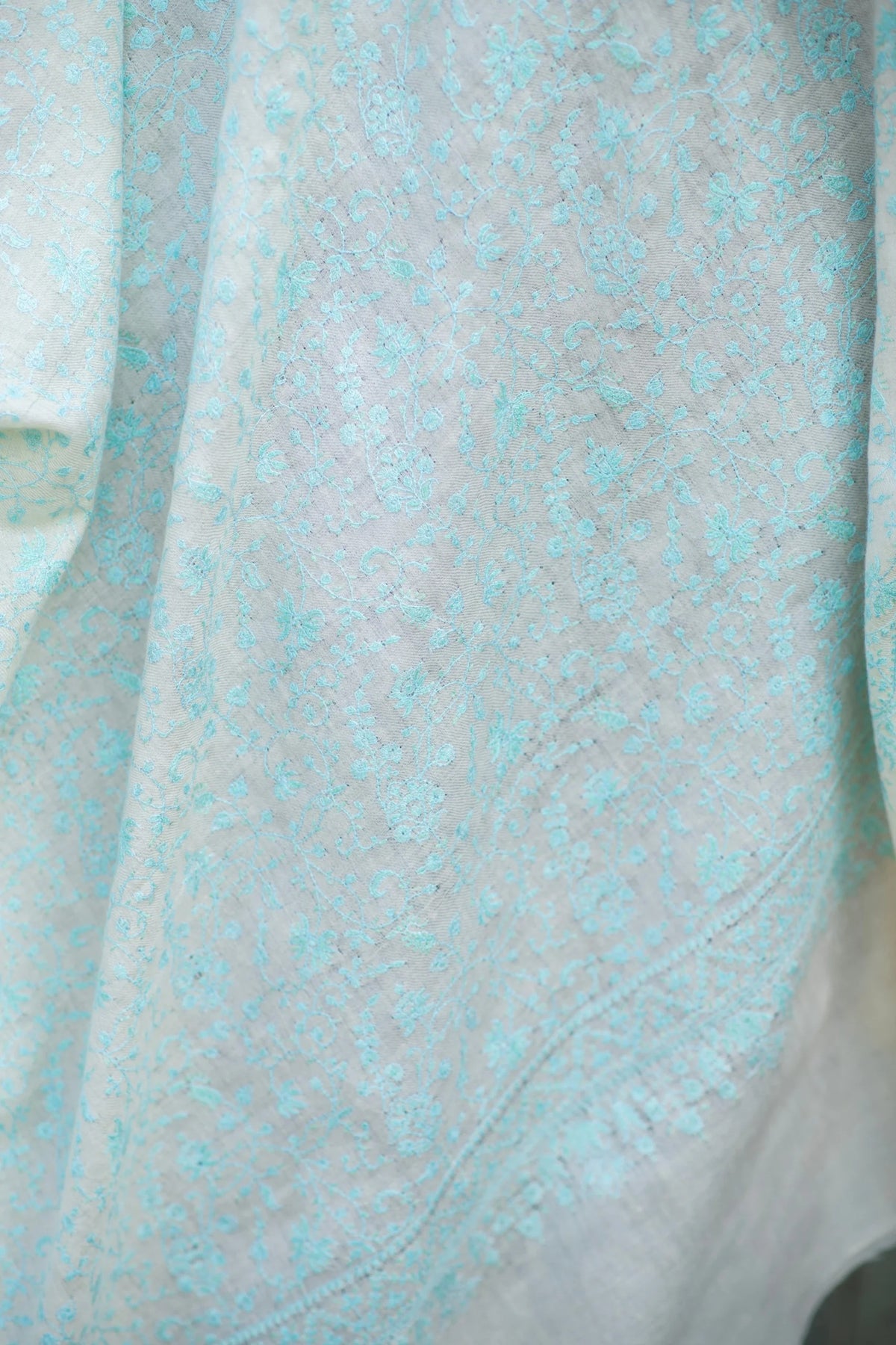 View 2 of Winter Bloom Jaal Shawl with Mint Aqua Embroidery