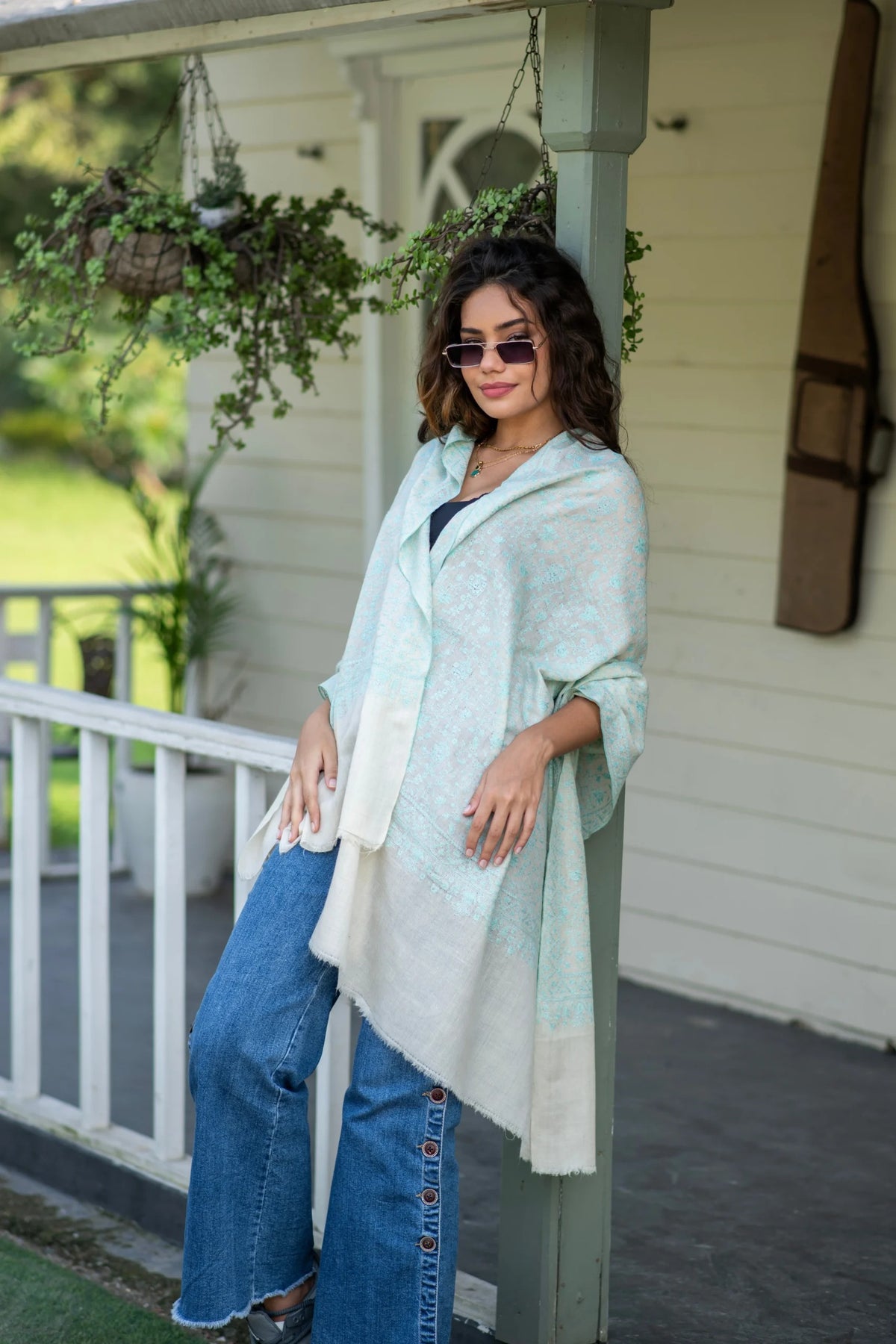 View 4 of Winter Bloom Jaal Shawl with Mint Aqua Embroidery