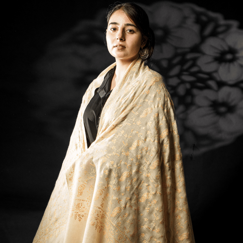 Soft Whisper Natural Sozni Embroidery Pashmina Shawl