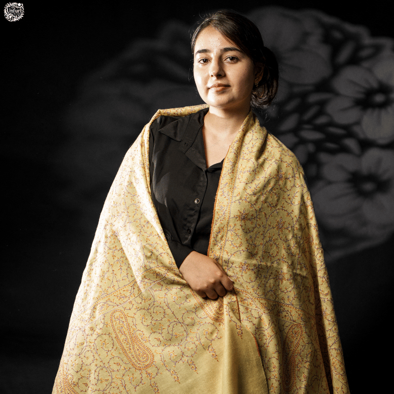 Lemon Colour Garden Sozni Embroidery Pashmina Shawl