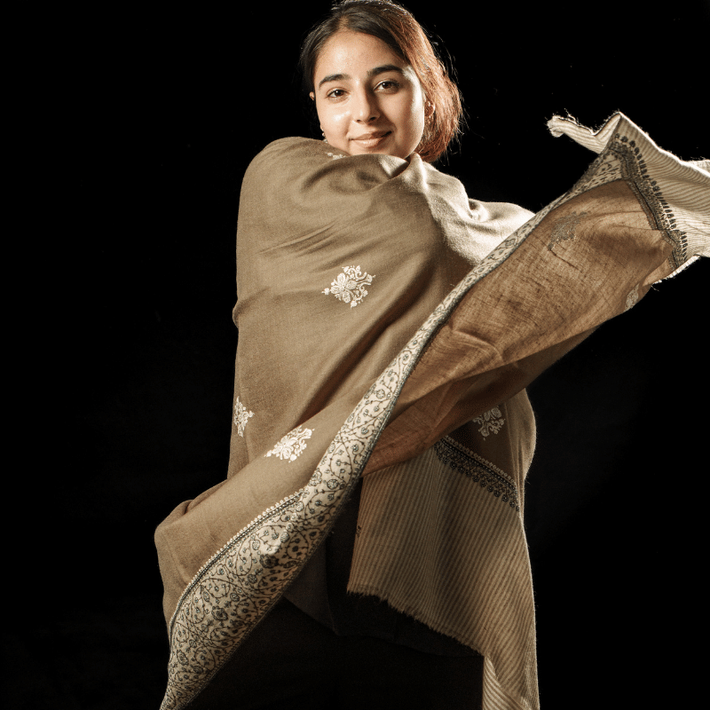 Natural Brown with Ivory Meadow Border and Patched Embroidery Pashmina Shawl