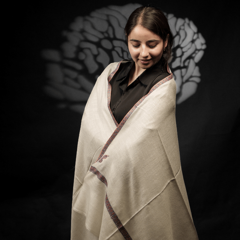 Ivory Maroon Border Crest Pashmina Wrap