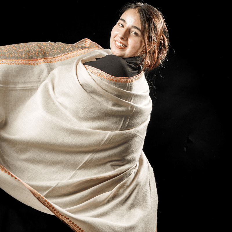 Ivory with Soft Moss Embroidered Border and Patched Palla Pashmina Shawl