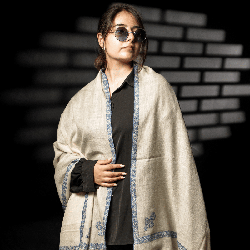 White and Blue Crest Pashmina Wrap - Image 4