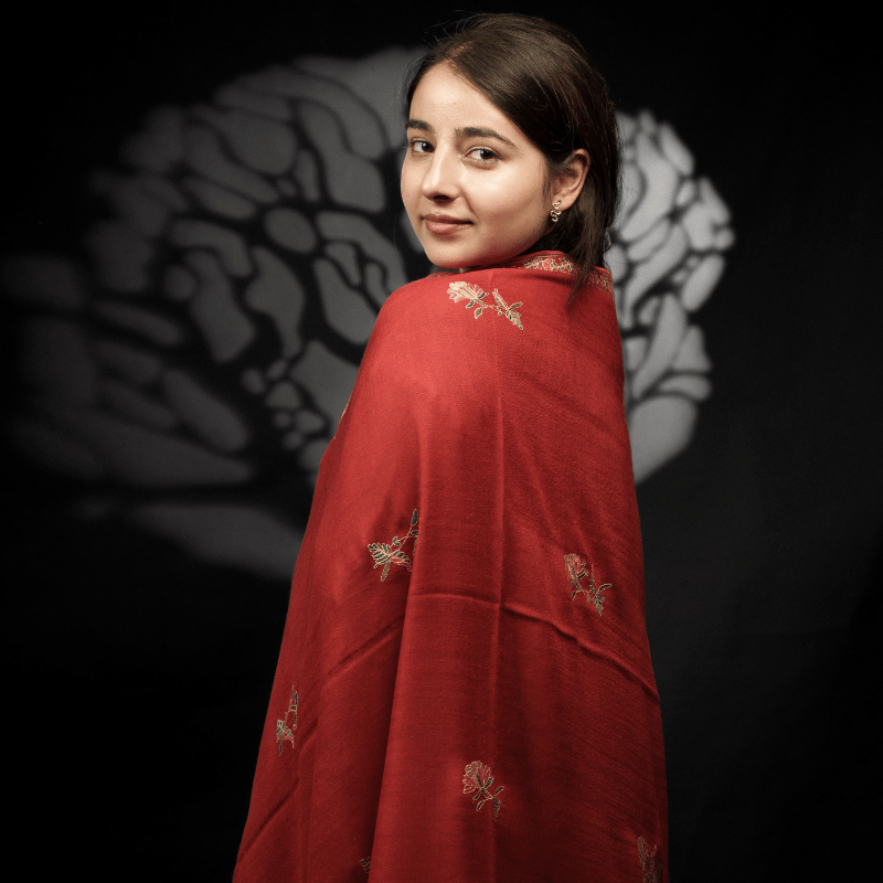 Scarlet Red Floral Embroidered Shawl