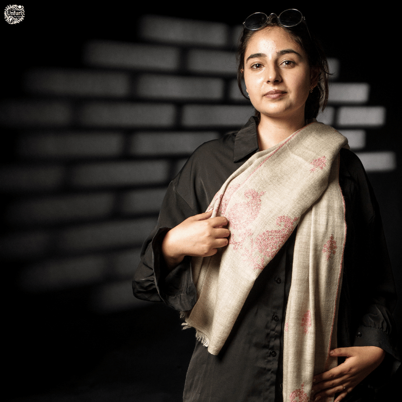 Natural Featherlight Wrap with Embroidered Paisley