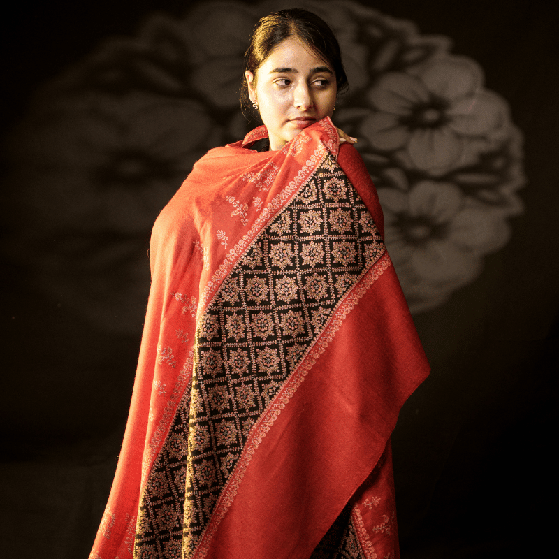 Brick Red Embroidered Black Palla Shawl