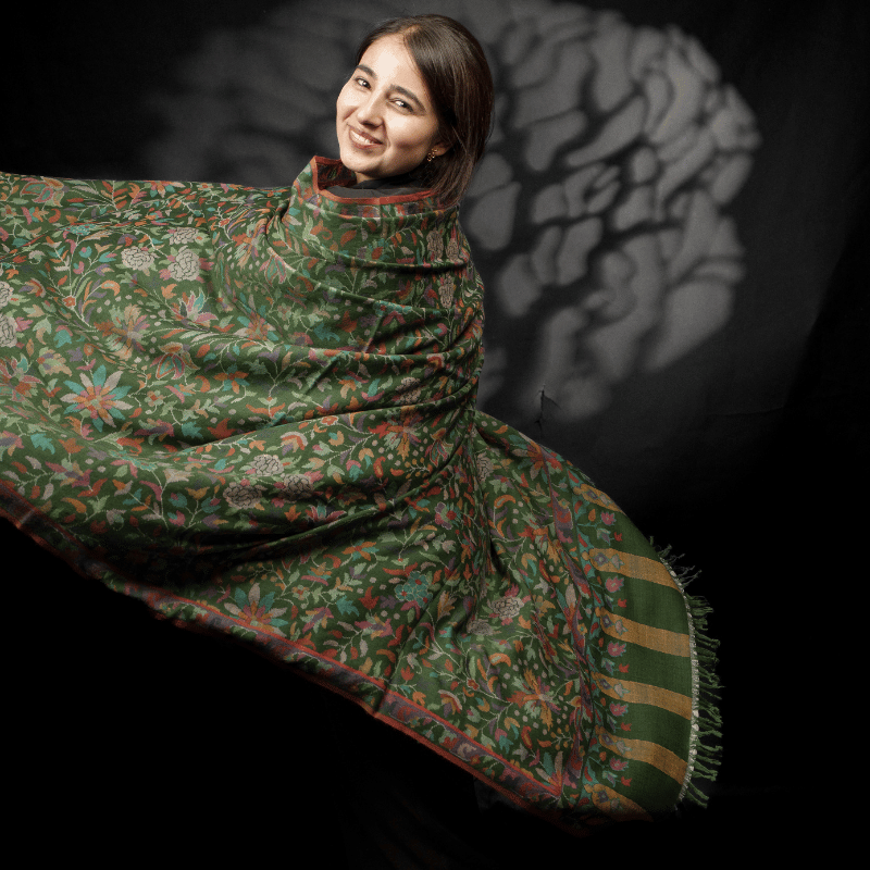 Olive Green Jamawar Kani Pashmina Shawl - Image 3