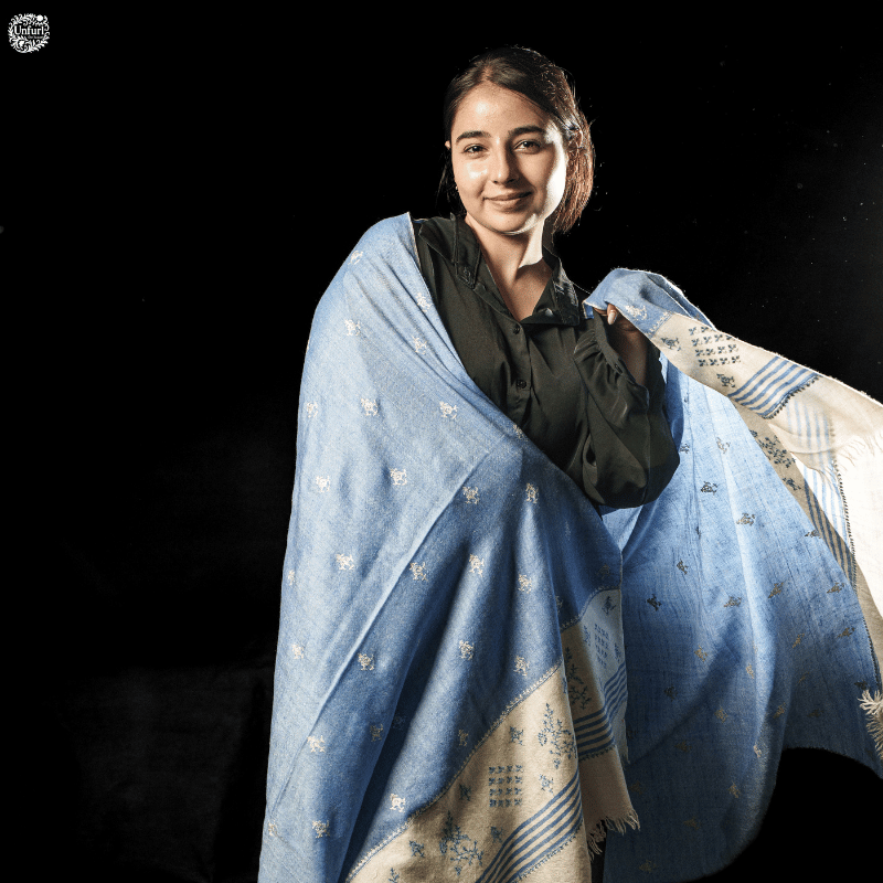 Denim Blue Floral Motifs Shawl