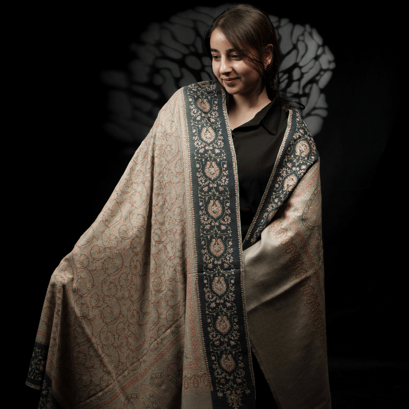 Ivory Grey Meadow Pashmina