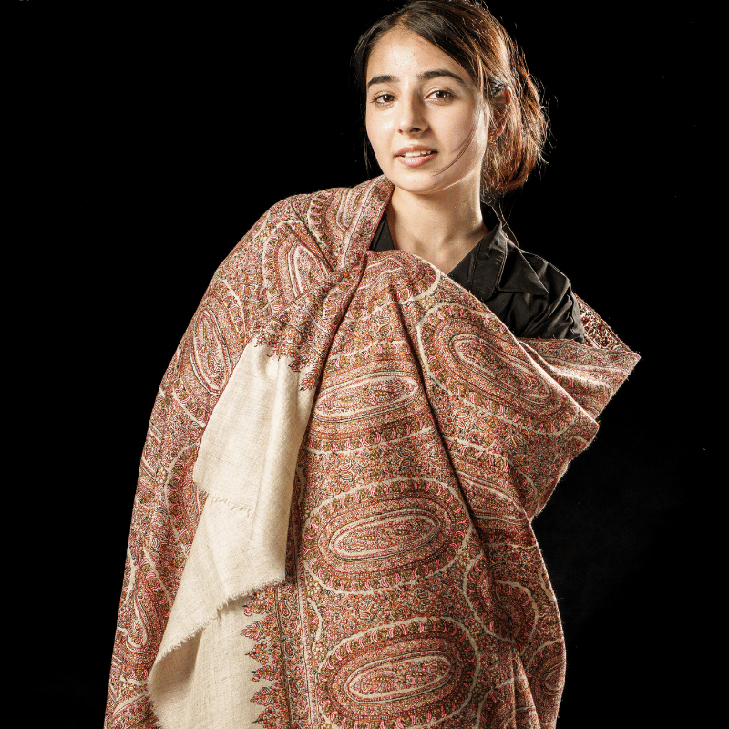 Ivory and Maroon Groove Pashmina