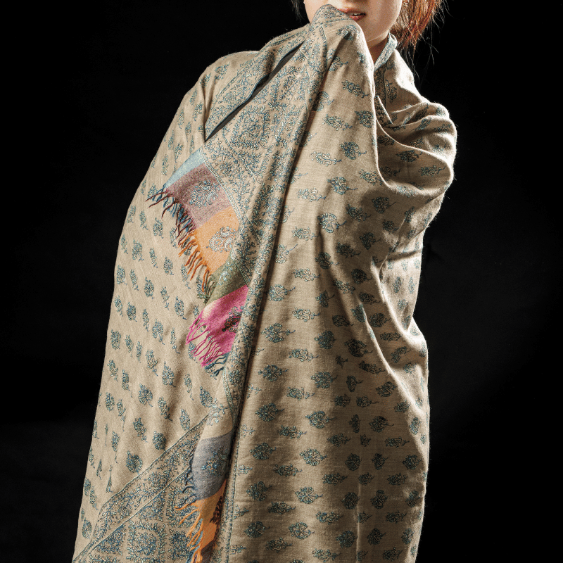 Soft Green Embroidery with Multicolured Patched Weaved Border Pashmina Shawl - Image 2