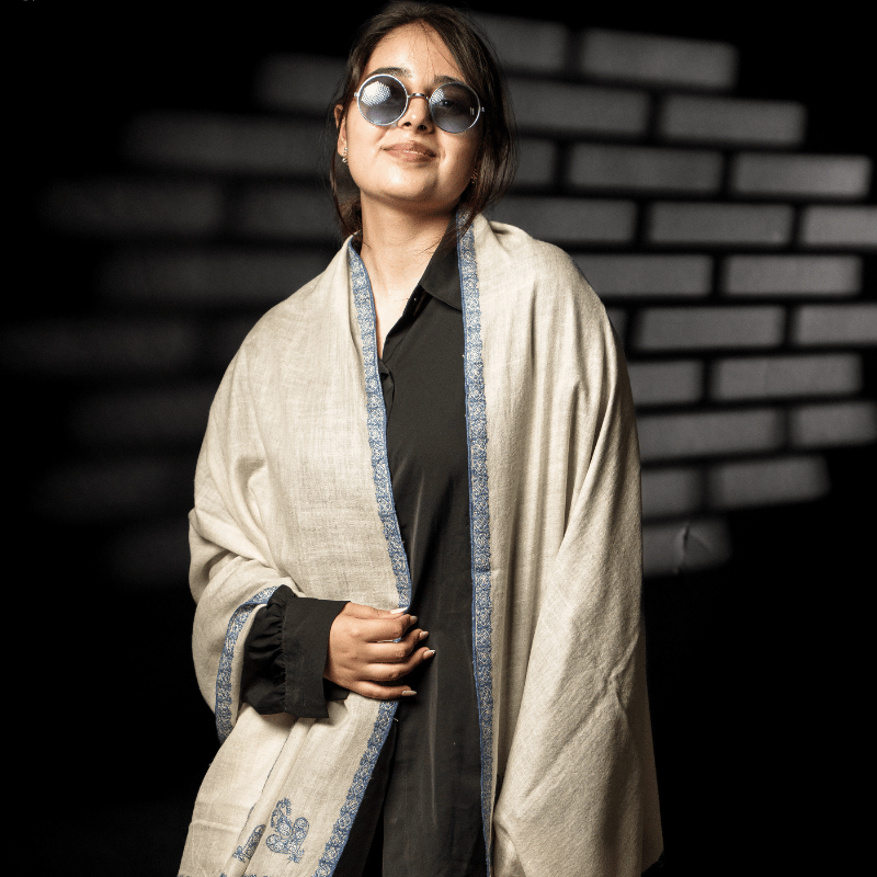 White and Blue Crest Pashmina Wrap - Image 3