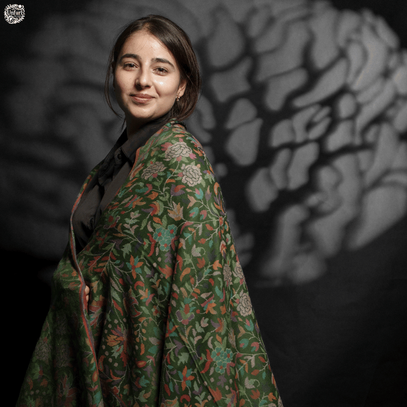 Olive Green Jamawar Kani Pashmina Shawl