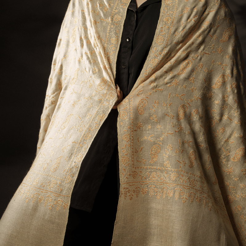 Soft Whisper Natural Sozni Embroidery Pashmina Shawl - Image 3