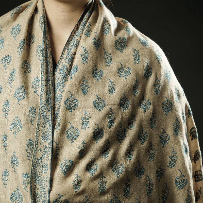Soft Green Embroidery with Multicolured Patched Weaved Border Pashmina Shawl - Image 3