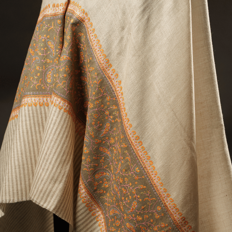 Ivory with Soft Moss Embroidered Border and Patched Palla Pashmina Shawl - Image 3