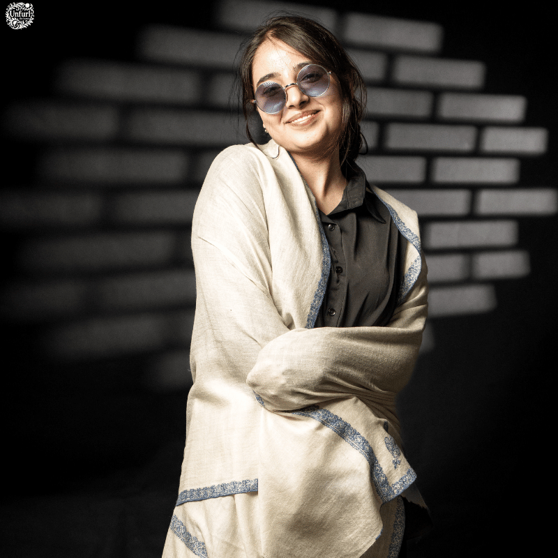 White and Blue Crest Pashmina Wrap - Image 2