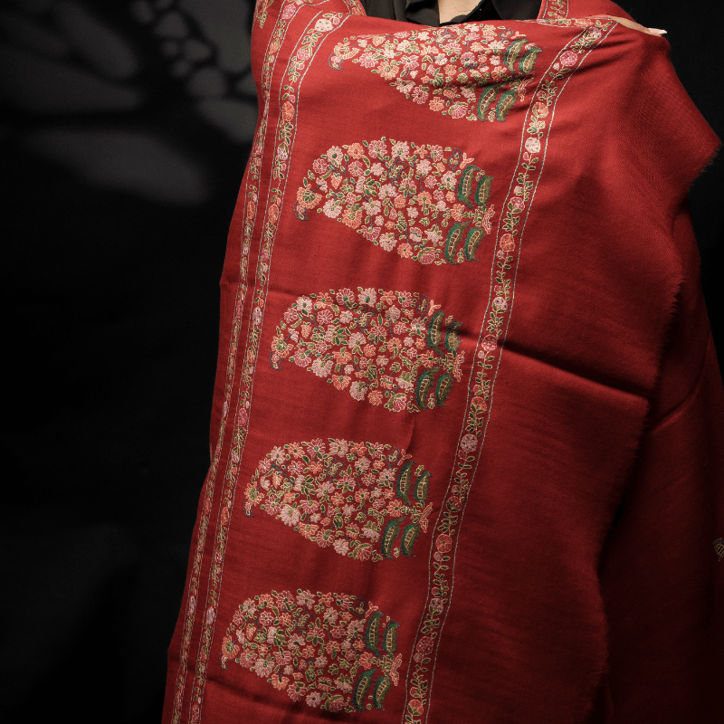 Scarlet Red Floral Embroidered Shawl - Image 3