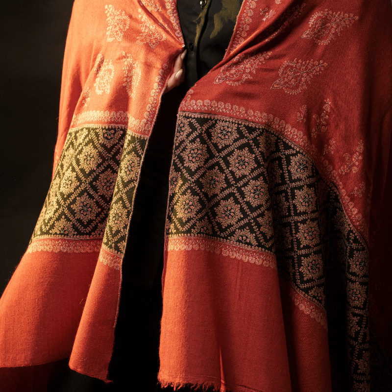 Brick Red Embroidered Black Palla Shawl - Image 3