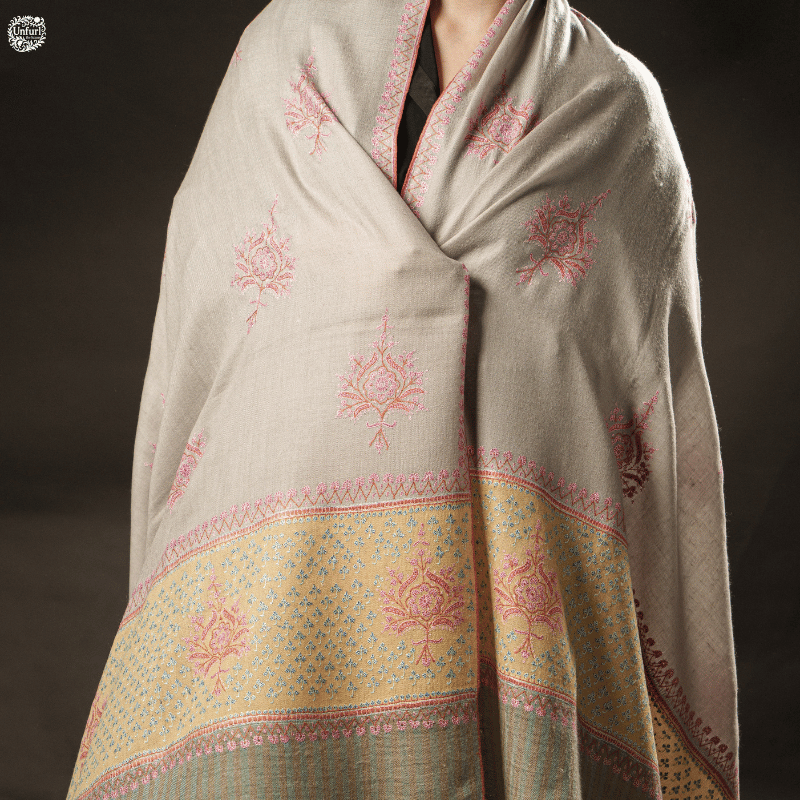 Beige Embroidered Motifs with Patched Palla Shawl - Image 3