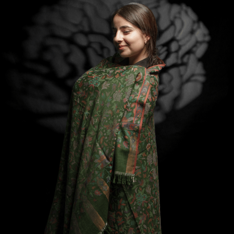 Olive Green Jamawar Kani Pashmina Shawl - Image 2