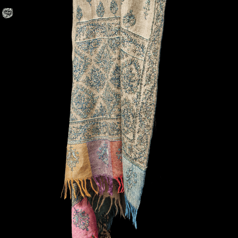 Soft Green Embroidery with Multicolured Patched Weaved Border Pashmina Shawl - Image 4